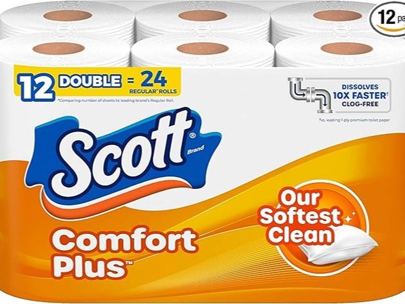 Scott ComfortPlus Toilet Paper, 12 Double Rolls, 231 Sheets per Roll, Septic-Safe, 1-Ply Toilet Tissue