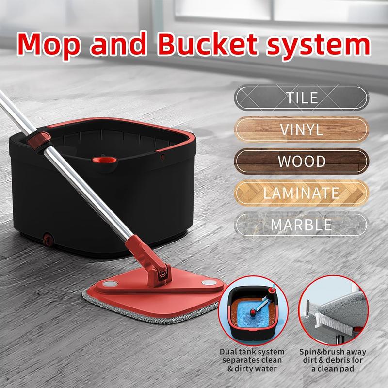 Spin Square Mop and Bucket Set with Replaceable Pads and Self Separation Dirty and Clean Water System, Self Wringing 360 Rotating Mops Head for Home Hardwood Tile Marble Floors Cleaning