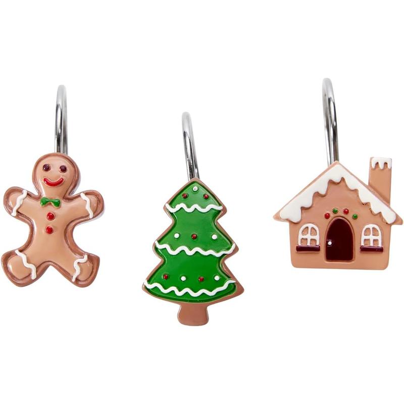 Cute Gingerbread House Christmas Shower Curtain Hooks Set of 12 Resin Xmas Tree Ginger Cake Man Bathroom Decor Accessories Set Candyland Festive Winter Holiday Christmas Shower Hooks Rustproof