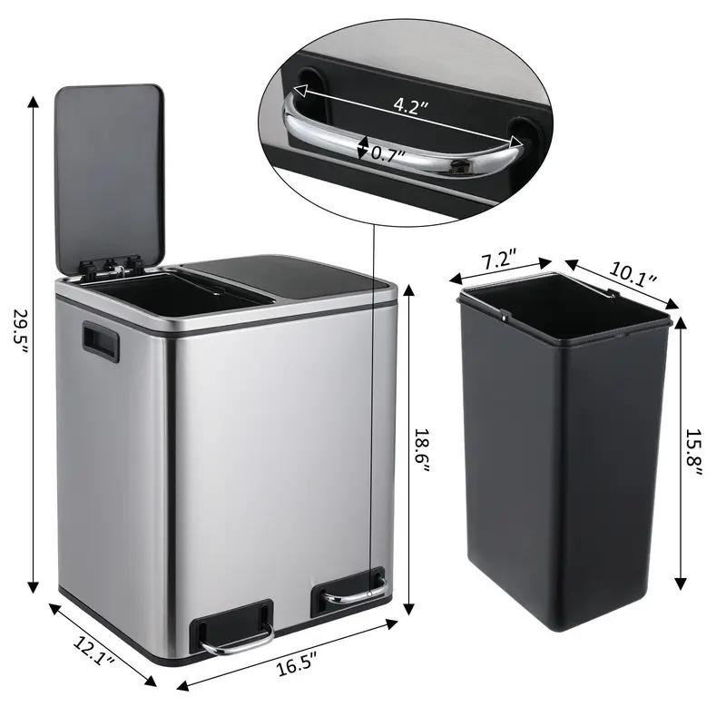 Kitchen Trash Can 8 12 Gallons Stainless Steel Dual Compartment Garbage Can, Pedal Recycling Bin, Stay-Open Lid and Soft Closure