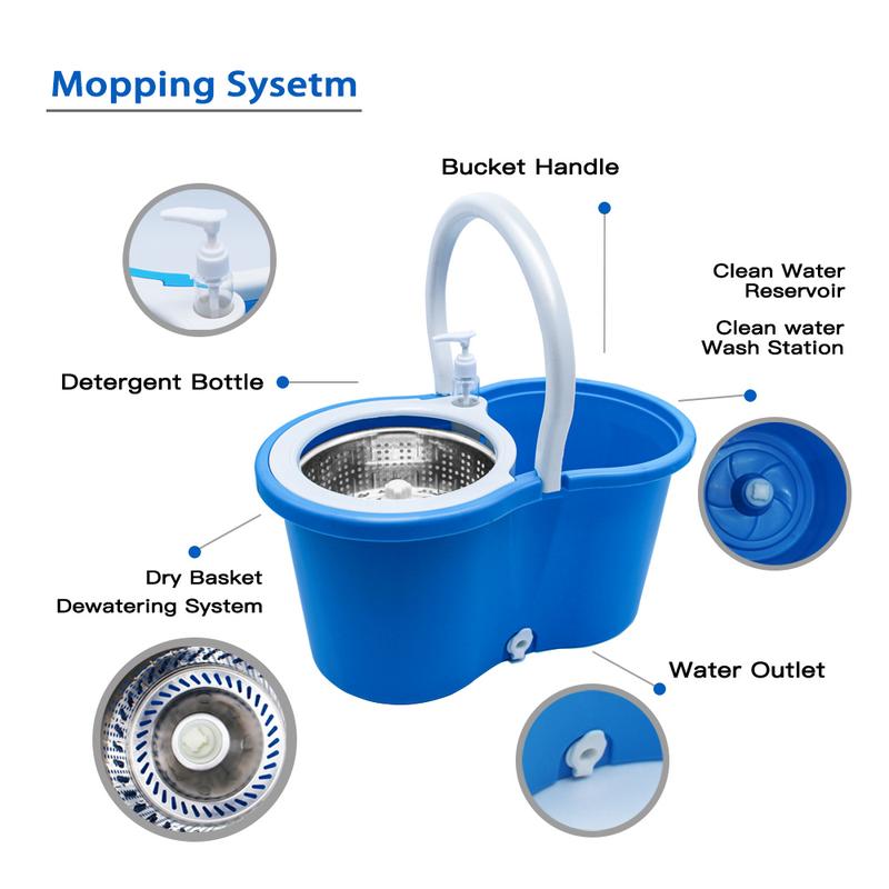 360 Easy Spin Dry Floor Mop Bucket Stainless Steel Winger Blue With 3 Microfiber Heads