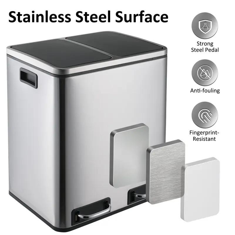 Kitchen Trash Can 8 12 Gallons Stainless Steel Dual Compartment Garbage Can, Pedal Recycling Bin, Stay-Open Lid and Soft Closure