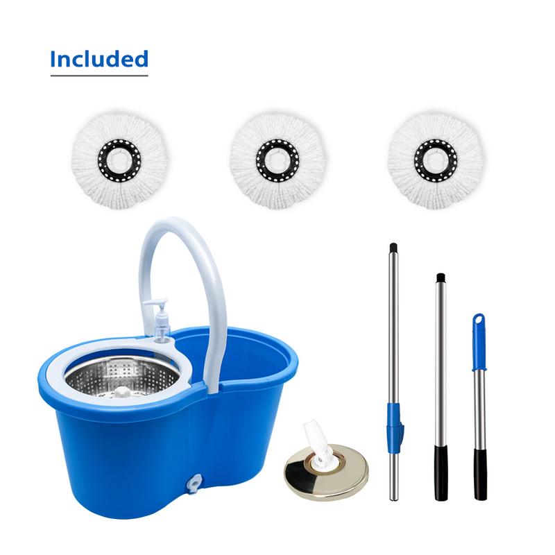 360 Easy Spin Dry Floor Mop Bucket Stainless Steel Winger Blue With 3 Microfiber Heads