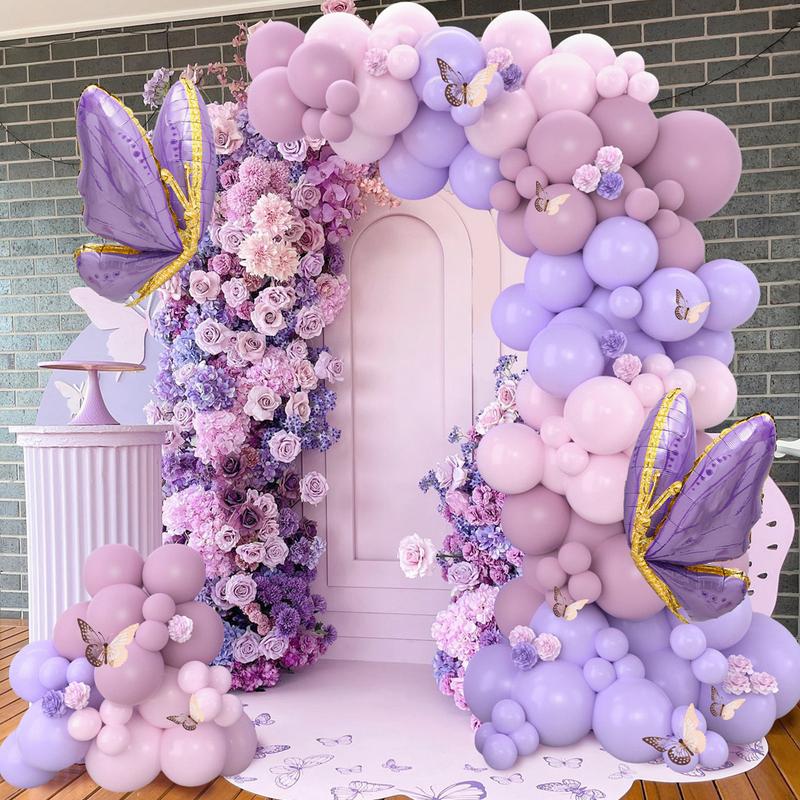 Purple Butterfly Balloon Garland Arch Kit,133pcs Pastel Pink Latex Balloon,Butterfly Foil Balloon Girls Birthday Party Decoration Baby Shower Decor