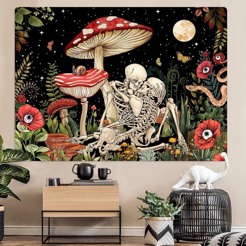 Mushroom Skull Tapestry Skeleton Floral  Flower Aesthetic Bedroom Tapestries Nature Moon Wall Tapestry for Dorm Living Room (48'' x 36'')