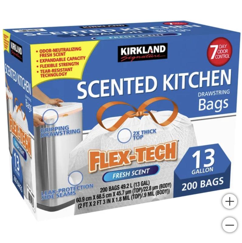 Kirkland Signature Flex-Tech 13-Gallon Scented Kitchen Trash Bags, 200-count, New.