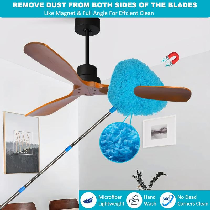 85 Inch Ceiling Fan Cleaner Duster Reusable Microfiber Ceiling Fan Blade Cleaner Removable Duster with Extension Pole for Cleaning Walls Bookshelves Furniture Door Window Top (Light Blue)