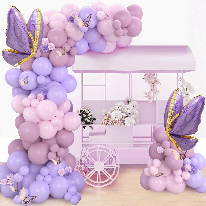 Purple Butterfly Balloon Garland Arch Kit,133pcs Pastel Pink Latex Balloon,Butterfly Foil Balloon Girls Birthday Party Decoration Baby Shower Decor