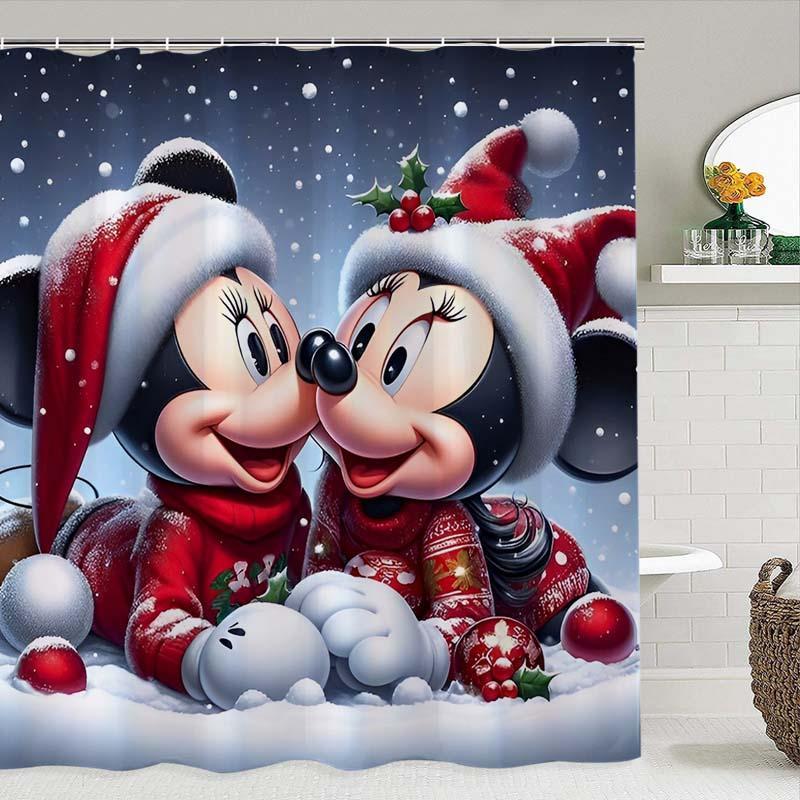 Cartoon Mickey & Minnie Pattern Shower Curtain, 1 Count Waterproof Bathroom Curtain with Hooks, Bathroom Decor Supplies for Home Hotel Salon Dormitory