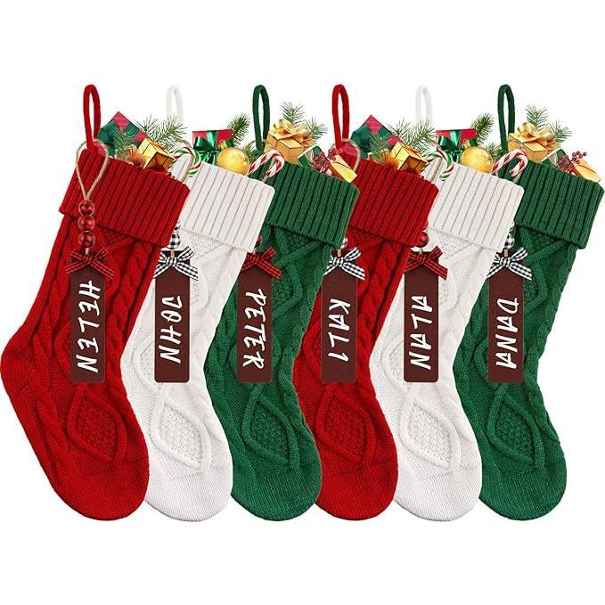 6 Large Christmas Stockings, Large Woven Socks Personalized Christmas Stocking Decoration with Name Tag for Holiday Christmas Party Home Decoration Retro Wooden Gift Racks Stretchy Wood Ornaments