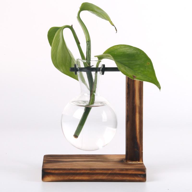 1 Set, Terrarium Hydroponic Plant Vases Vintage Flower Pot Transparent Vase Wooden Frame Glass Tabletop Plants Home Bonsai Decor