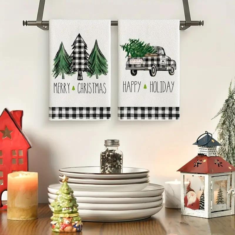 Christmas Themed Kitchen Towel, 2 Counts set Truck & Tree Pattern Kitchen Towel, Kitchen Decoration, Festive & Party Supplies