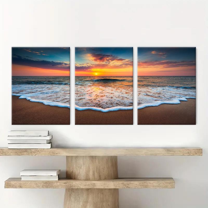 Framed Canvas Painting, 3 Counts Beach Sunrise Natural Landscape Decorative Painting, Modern Wall Art for Home Living Room Bedroom Office Room Decor, Christmas 2024 Ornament, Christmas Gift Ideas, Stocking Stuffers