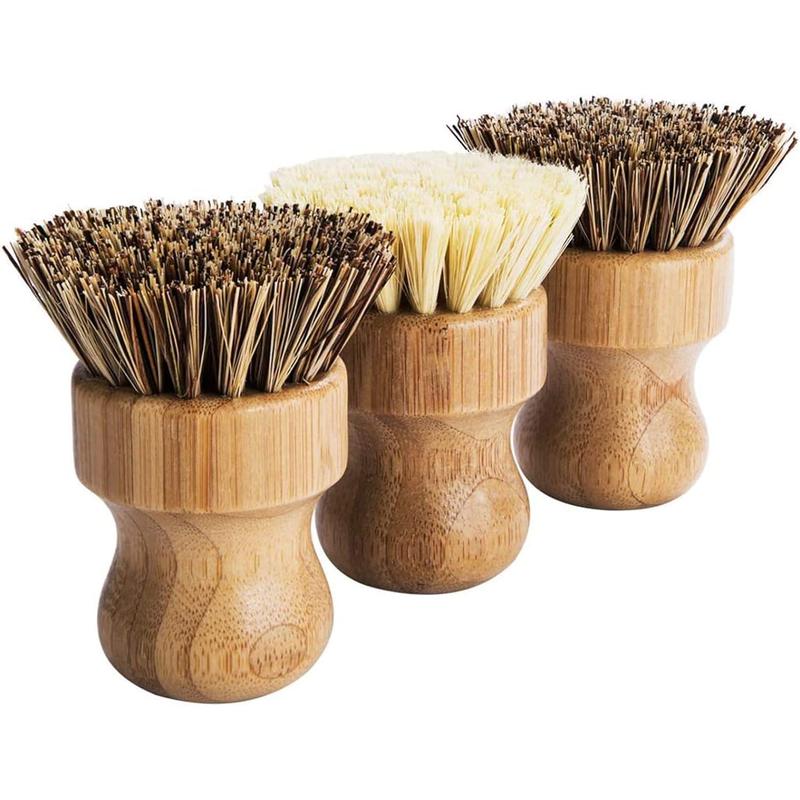 Bamboo Round 3 Packs Mini Dish Brush Natural Scrub Brush Durable Scrubber Cleaning Kit with Union Fiber and Tampico Fiber for Cleaning Pots, Pans and Vegetables