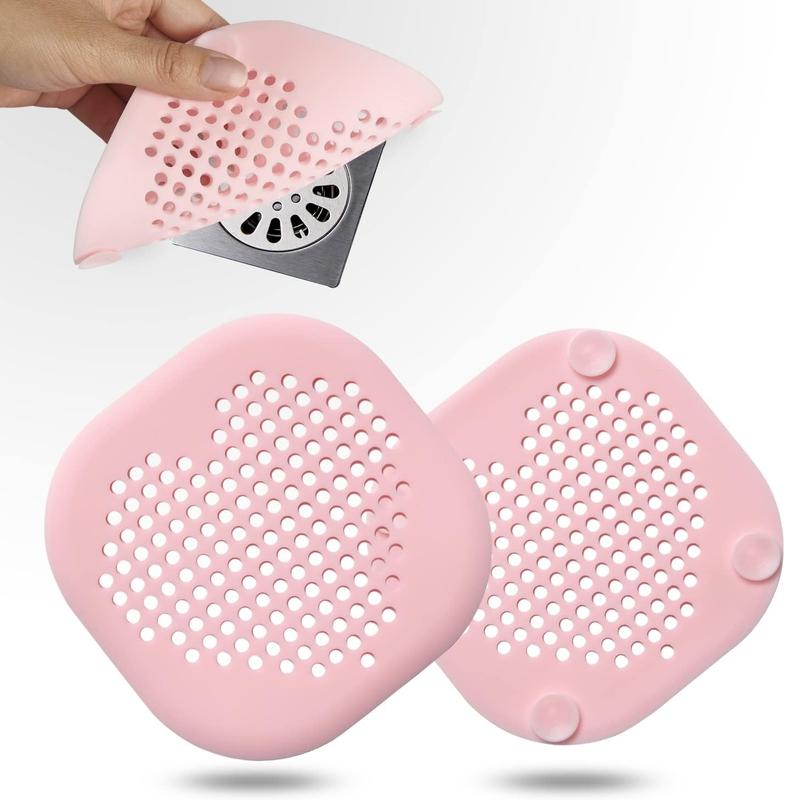 2 Pack Shower Drain Hair Catcher Pink Bathroom Accessories Durable Silicone Drain Cover Hair Stopper with Suction Cups for Shower Kitchen Bathroom Heart Shape-pink