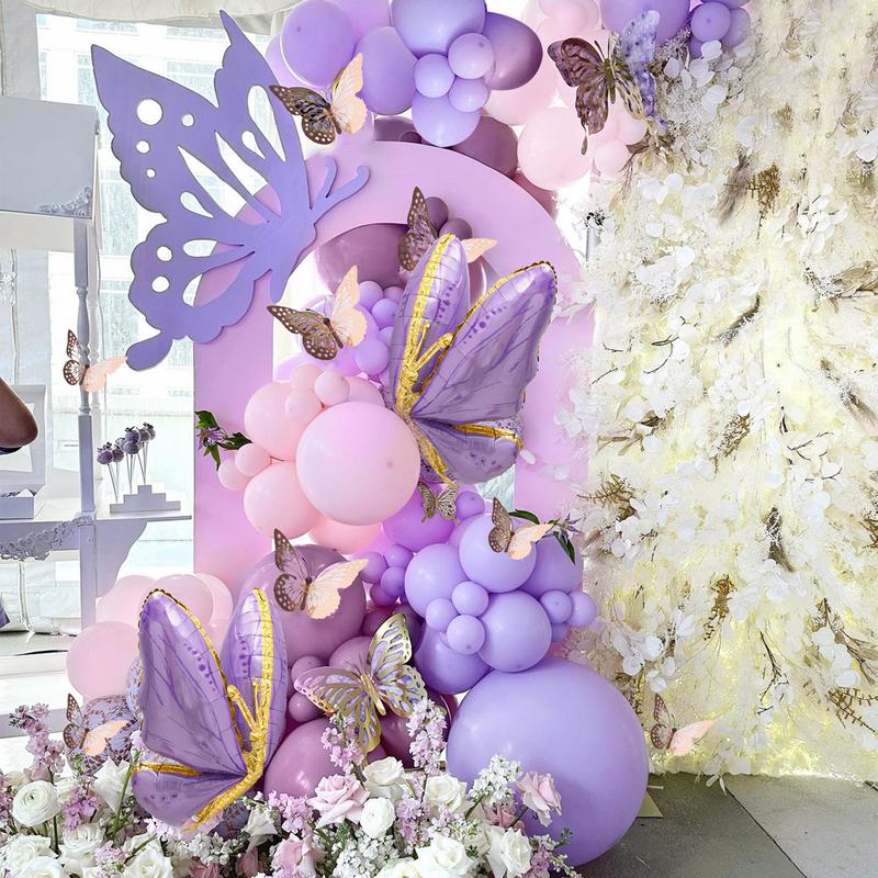 Purple Butterfly Balloon Garland Arch Kit,133pcs Pastel Pink Latex Balloon,Butterfly Foil Balloon Girls Birthday Party Decoration Baby Shower Decor