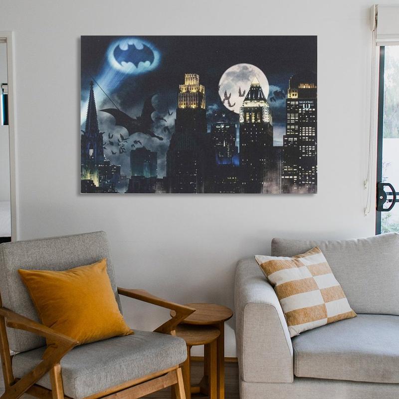 DC Comics Bat Signal Over Gotham City Gallery Wrapped Canvas Wall Decor - Vintage Batman Wall Art for Man Cave Or Movie Room