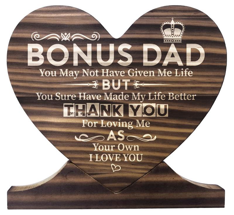 Stepdad Gift Wood Sign, Bonus Dad Plaque, Heart Wood Sign, Meaningful Gifts for Stepdad, 6 x 6 x 0.6 inches, Pine Wood Decor Decoration