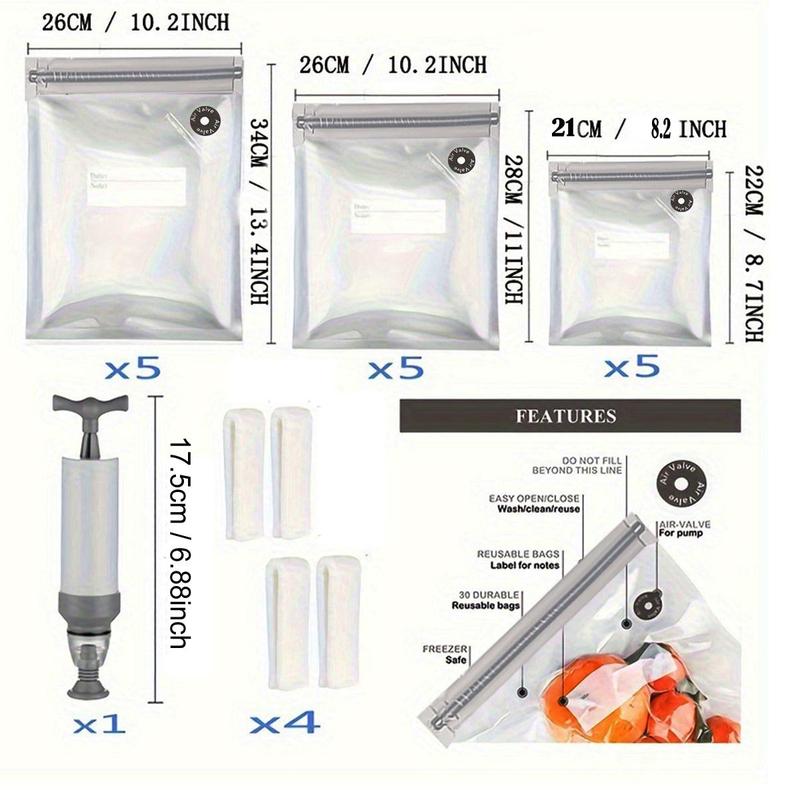 Reusable Vacuum Food Storage Bag, 20pcs set Multi-size Vacuum Food Bag with Hand Pump & Sealing Clips, Portable Storage Bag for Food Storage & Cooking, Kitchen Gadgets, Kitchen Accessories