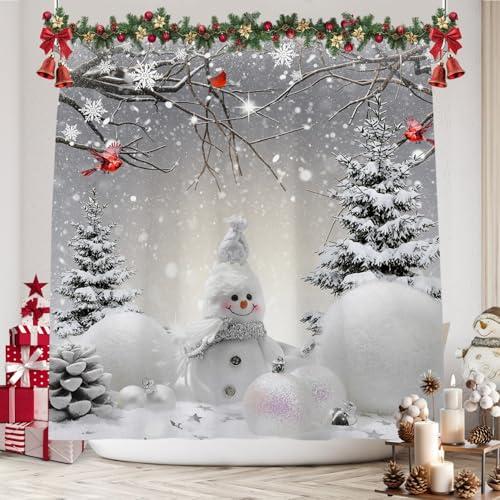 Christmas Snowman Shower, Grey Winter Forest Cardinal Snowflake Xmas Holiday Curtains, Christmas Bathroom Decor with Hooks Waterproof Fabric 72