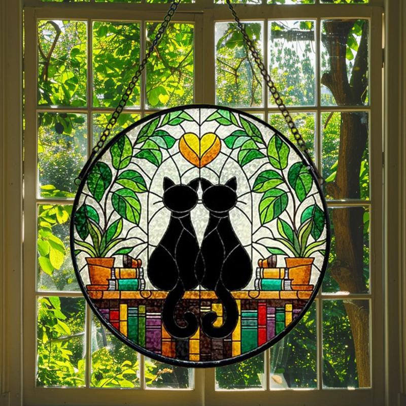 Two Black Cats and Book Stained Glass Sun Catcher – Book Lover’s Window Sign, Decorative Sun Catcher, Ideal Gift for Librarians, Stained Glass Decor