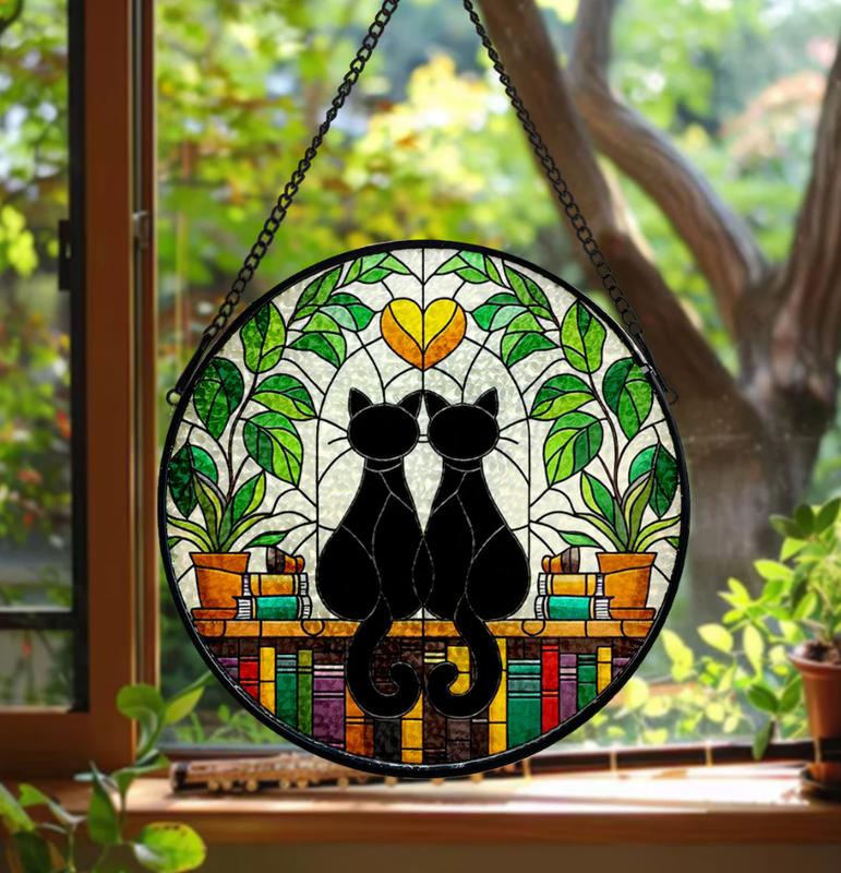 Two Black Cats and Book Stained Glass Sun Catcher – Book Lover’s Window Sign, Decorative Sun Catcher, Ideal Gift for Librarians, Stained Glass Decor