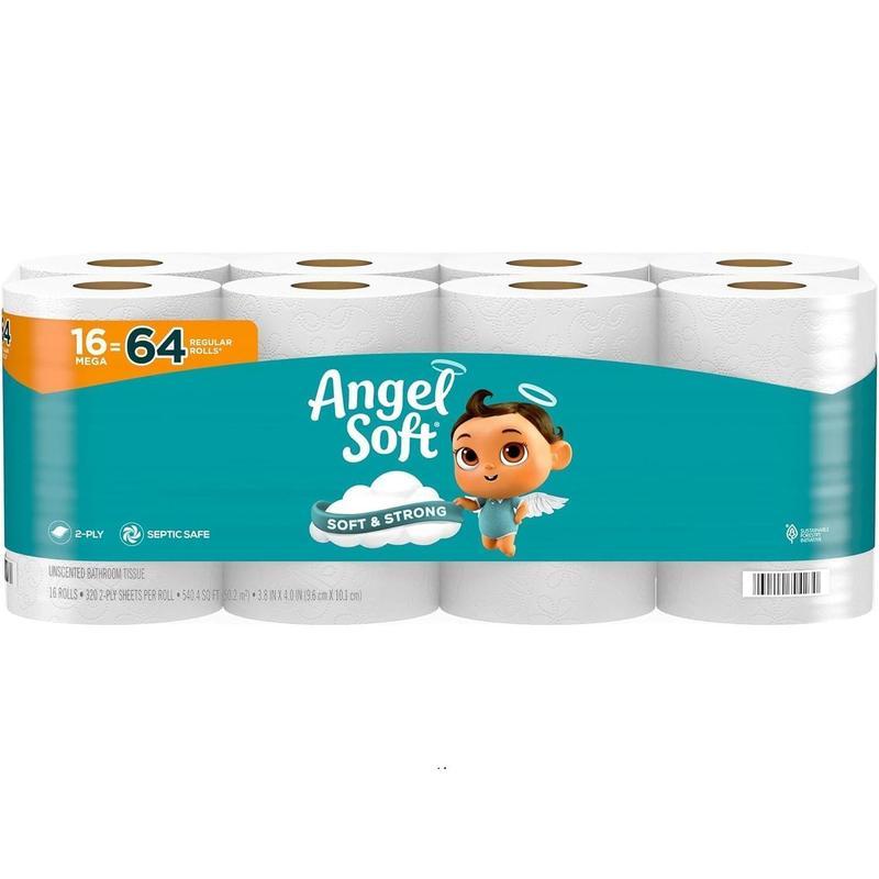 Angel Soft Pack of 16 Mega Rolls of Toilet Paper, Soft and Strong, 320 Sheets per Roll, 2ply, 16 Mega Rolls equivalent to 64 Regular Rolls