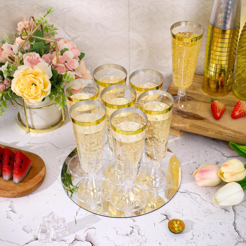 mwellewm 100 Pcs Plastic Champagne Flutes, Disposable Clear Gold Rim Champagne Glasses, 5oz Plastic Wine Glasses, Assemble Plastic Champagne Cups for Party Wedding Cocktail Cups (Gold)