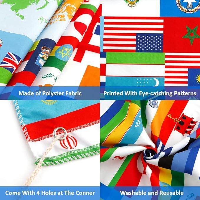 World Flag Banner, 5x3ft Fabric Country Flags Backdrop International Flags Banner Backdrop with Grommets for Birthday Party Decorations Office School Classroom Wallpaper Event Decorations