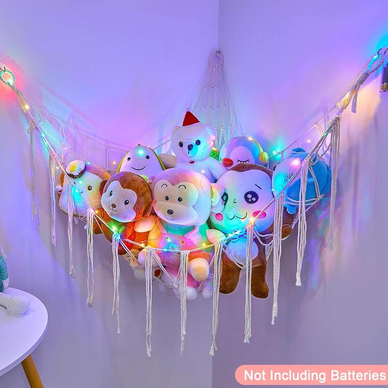 Stuffed Animals Net or Hammock with LED Light, Hanging Stuffed Animals Storage  Hammock Net Corner Wall Girls Room Decor  Storage Organizer (White)