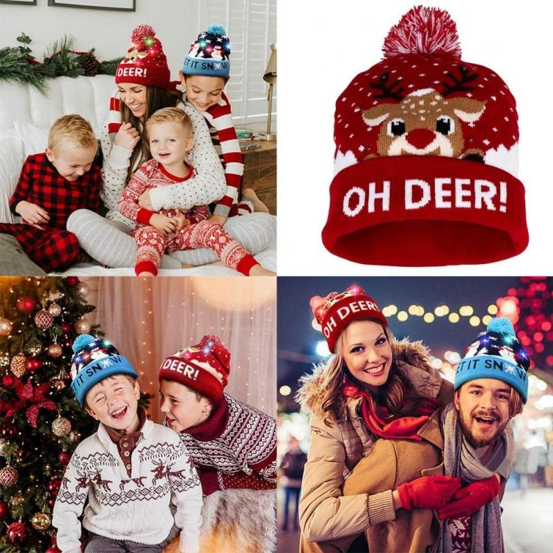 LED Christmas Hat, Light Up Christmas Hat Unisex Knitted Beanie Holiday Hat with Deer Printing for Party (Red Blue) Masks Colorful Gift