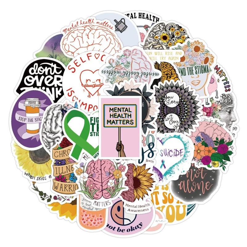 50pcs Mental Health Themed Pattern Stickers, Self-adhesive Waterproof Decorative Stickers, DIY Decals For Water Bottle, Laptop, Phone Case, Scrapbooking, Journal Making