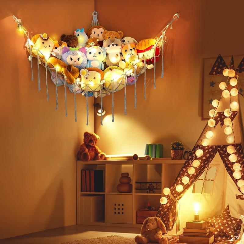 Stuffed Animals Net or Hammock with LED Light, Hanging Stuffed Animals Storage  Hammock Net Corner Wall Girls Room Decor  Storage Organizer (White)