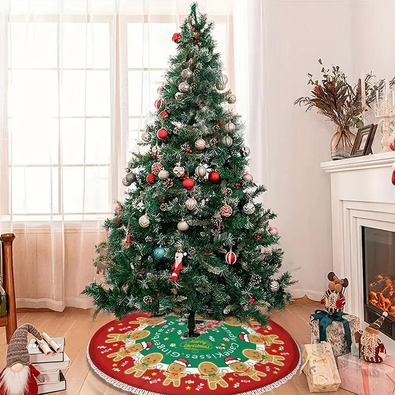 Gingerbread Man Pattern Christmas Tree Skirt, 1 Count Cute Cartoon Christmas Tree Skirt, Holiday Decor for Living Room Home Dining Room Office School