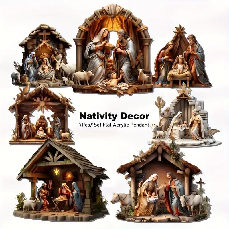 Nativity Scene Pattern Acrylic Hanging Ornament, 7 Counts set Vintage Double-sided Printing Hanging Decoration, Holiday Decoration for Home Party