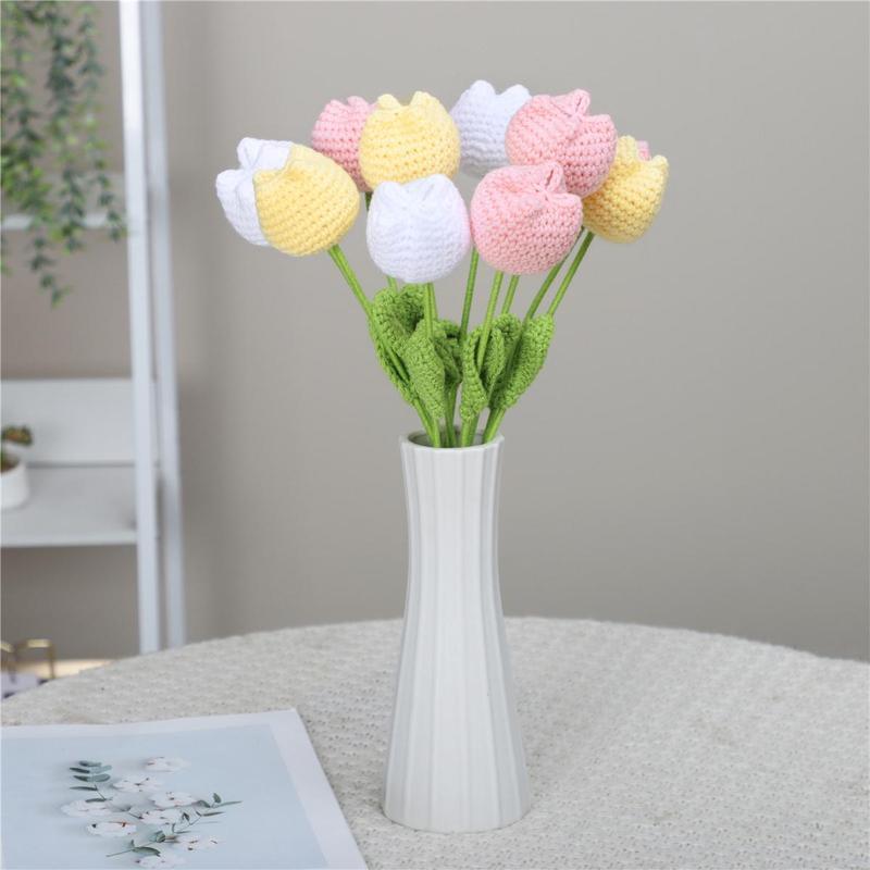 Artificial Tulip Flower without Vase, 1 3 Counts Crochet Tulip Flower, Decorative Flower for Home Living Room Bedroom Dining Room Wedding Party