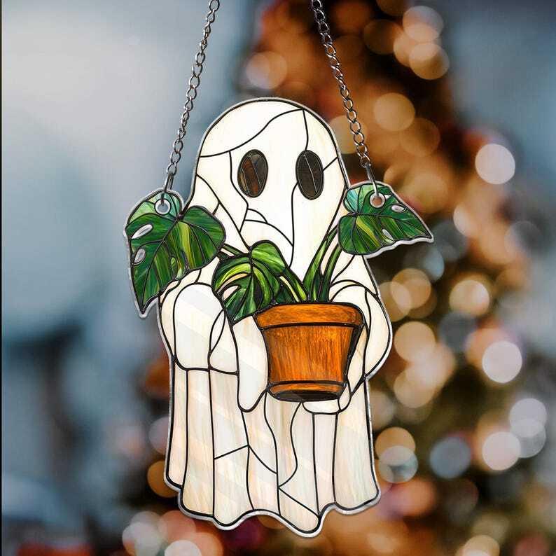 Cute Ghost Plant Suncatcher, Ghost and Monstera Acrylic Window Hanging, Ghost Window Hangings, Plant Lovers Gift, Gift For Mom, Plant Lover