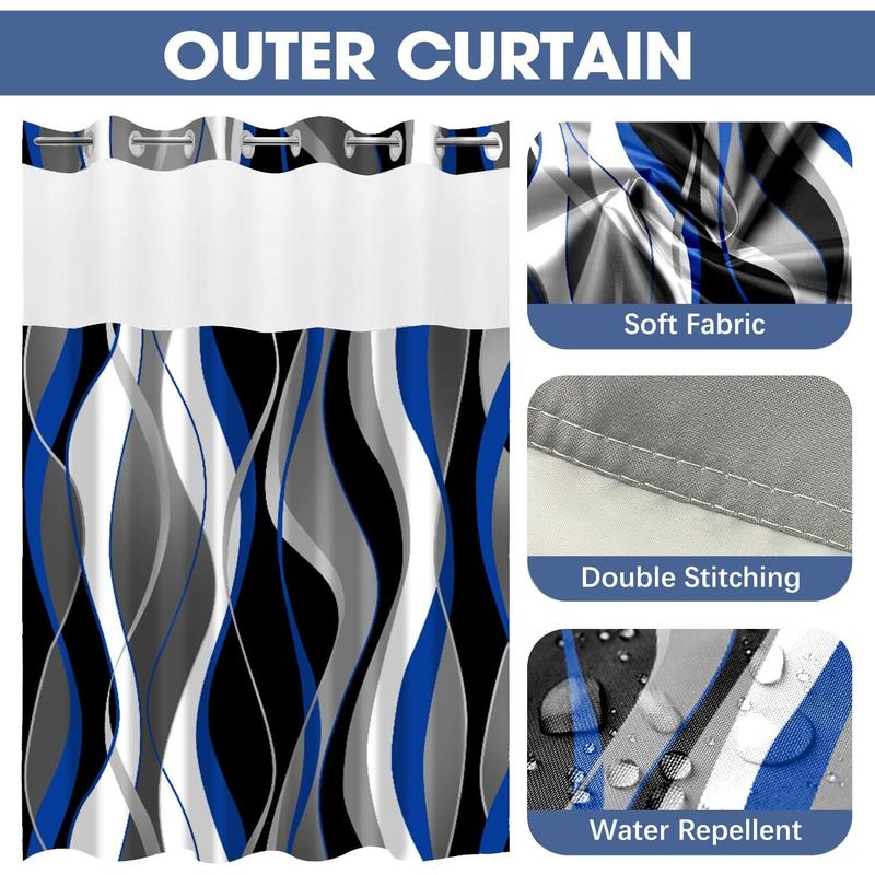 No Hook Shower Curtain and Liner Set Blue Striped Shower Curtain with Snap in Liner Fabric Bathroom Curtain with Liner Modern Black Bathroom Decor Set See Through Top Window Washable 71x74 Inch