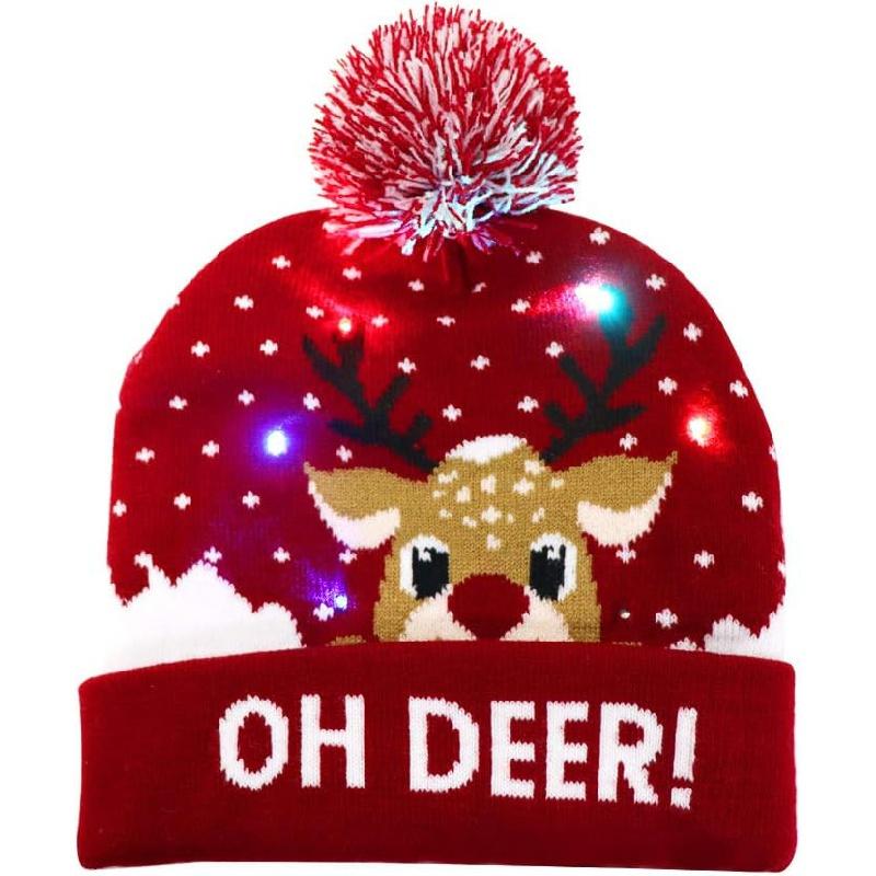 LED Christmas Hat, Light Up Christmas Hat Unisex Knitted Beanie Holiday Hat with Deer Printing for Party (Red Blue) Masks Colorful Gift