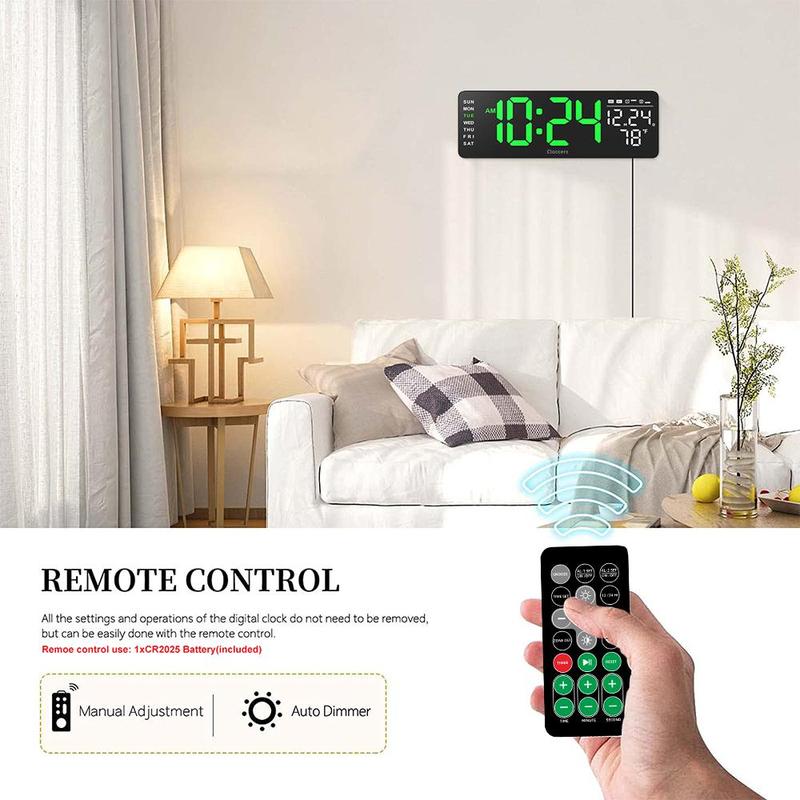 USB & Battery Charging Digital Wall Clock without Battery, 1 Count Remote Control Large Screen Wall Clock with Indoor Temperature Date Week Display, Countdown Digital Timer, Stocking Fillers Gift, Digital Clock