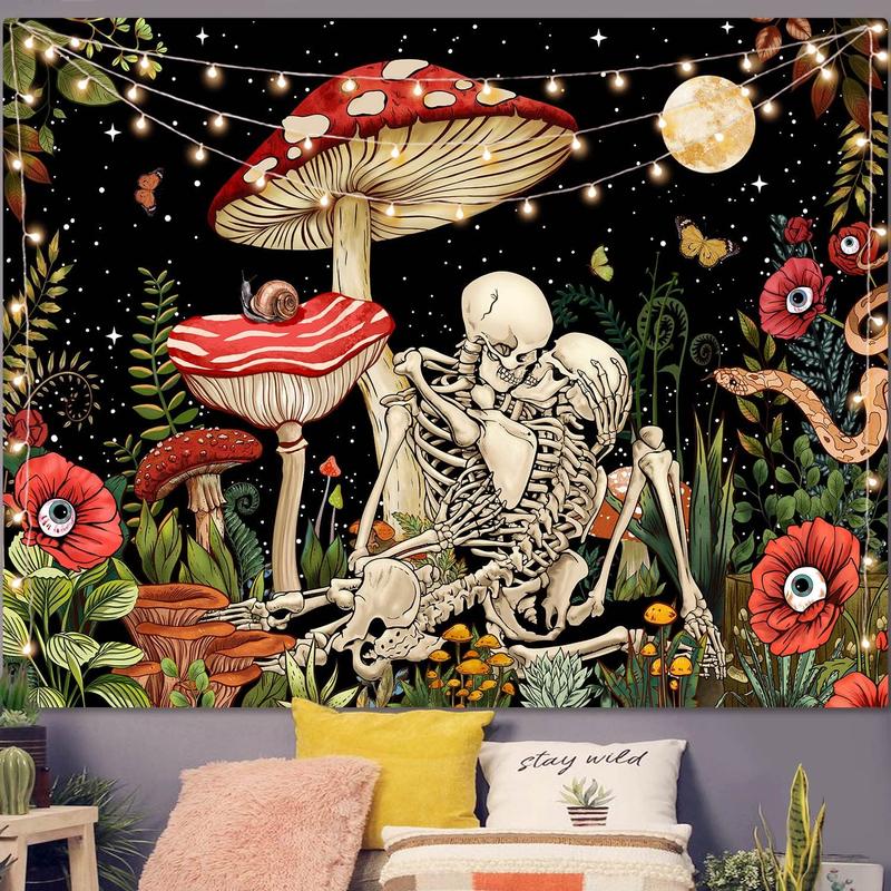 Mushroom Skull Tapestry Skeleton Floral  Flower Aesthetic Bedroom Tapestries Nature Moon Wall Tapestry for Dorm Living Room (48'' x 36'')