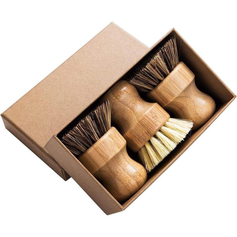 Bamboo Round 3 Packs Mini Dish Brush Natural Scrub Brush Durable Scrubber Cleaning Kit with Union Fiber and Tampico Fiber for Cleaning Pots, Pans and Vegetables