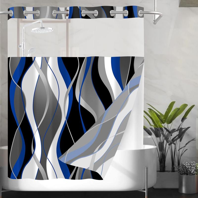 No Hook Shower Curtain and Liner Set Blue Striped Shower Curtain with Snap in Liner Fabric Bathroom Curtain with Liner Modern Black Bathroom Decor Set See Through Top Window Washable 71x74 Inch