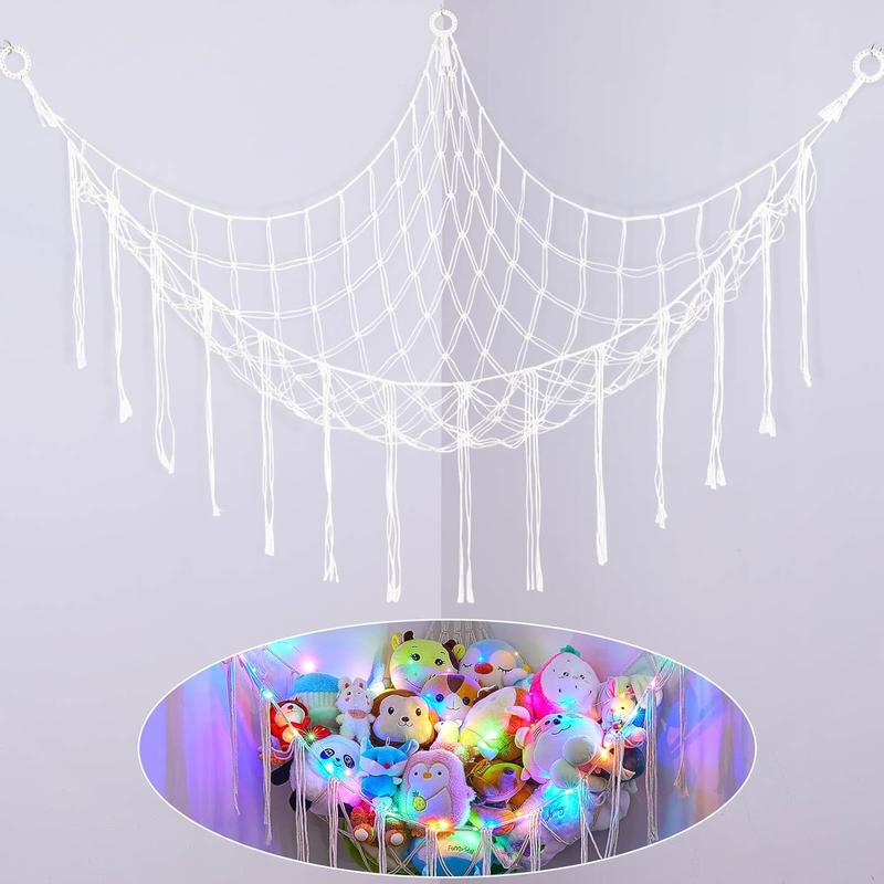 Stuffed Animals Net or Hammock with LED Light, Hanging Stuffed Animals Storage  Hammock Net Corner Wall Girls Room Decor  Storage Organizer (White)