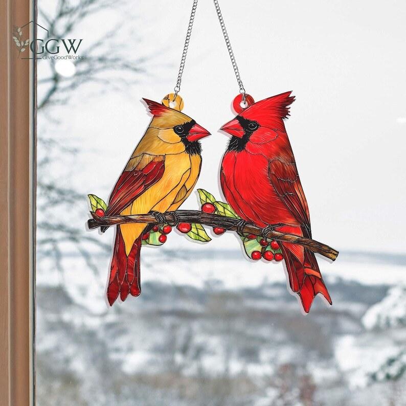 Red Cardinal Suncatcher, Christmas Gift, Stained Glass Window Hangings, Cardinal Bird Decor For Living Room, Cardinal Gifts For Her, Mom