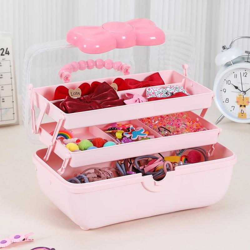 Cute Girls Hair Accessories Storage Box, Plastic Hair Ties Holder Hair Clips Container Headbands Organizer Gift for Girls Multipurpose Organizer (Pink)