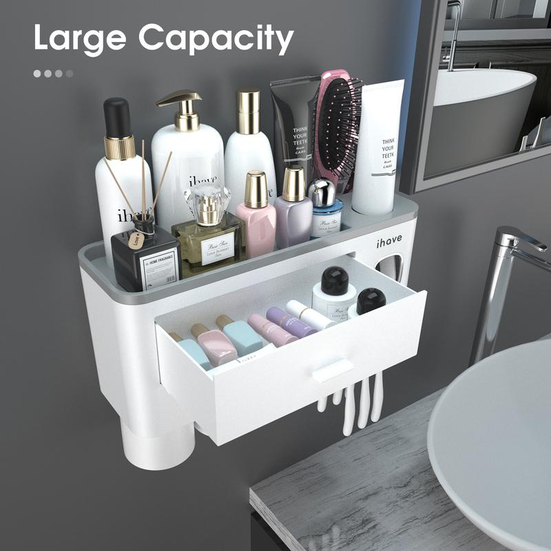 iHave Toothbrush Holders for Bathrooms, 3 Cups Toothbrush Holder Wall Mounted with Toothpaste Dispenser - Large Capacity Tray, Cosmetic Drawer - Bathroom Accessories & Bathroom Organization Storage