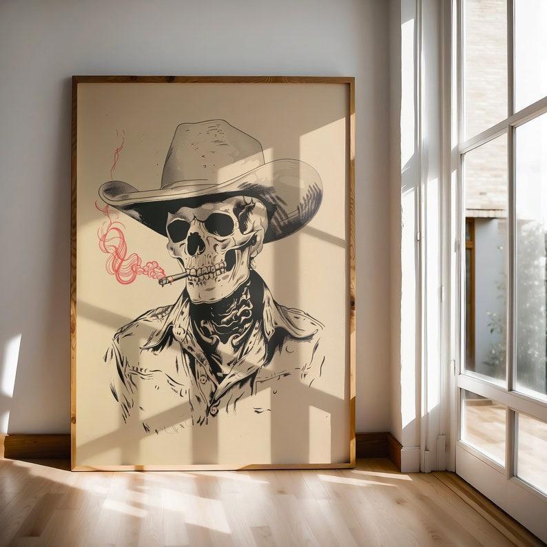 skeleton cowboy print, bar art, vintage art, eclectic wall art, rustic home decor | Framless Poster