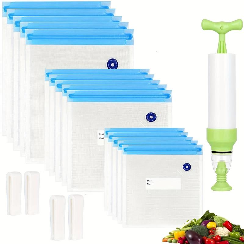 Reusable Vacuum Food Storage Bag, 20pcs set Multi-size Vacuum Food Bag with Hand Pump & Sealing Clips, Portable Storage Bag for Food Storage & Cooking, Kitchen Gadgets, Kitchen Accessories