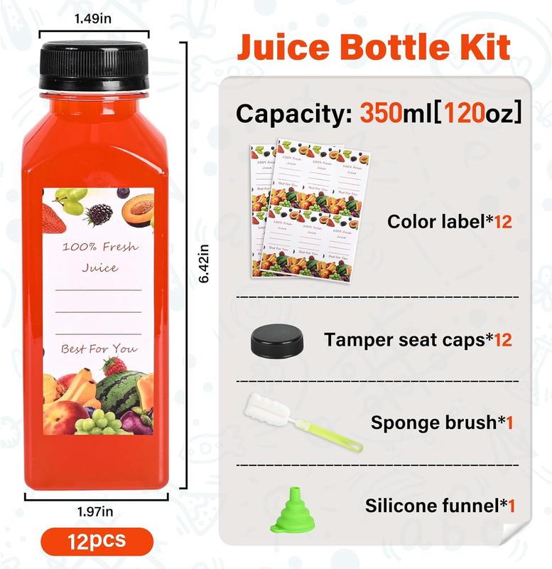 12  Plastic Juice Bottles with Caps, 12oz Reusable Juice Containers with Tamper Proof Lids, Clear Juice Bottles for Juicing, Milk, Smoothie, Drinking, and Other Beverages